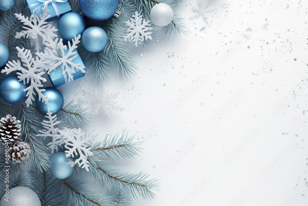 custom made wallpaper toronto digitalBlue Christmas tree branches with decorated baubles and gift.