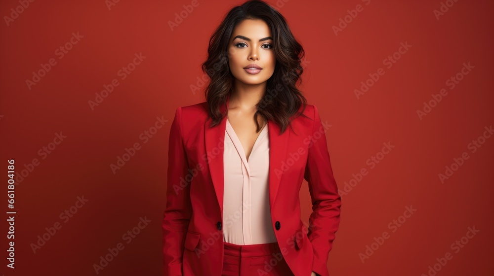 Brunette woman in red fashionable clothes on a red background. Women's beauty and fashion. Brunette woman in red fashionable clothes on a red background. Women's beauty and fashion.