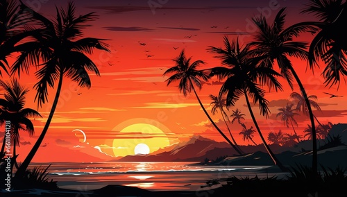 Digital art depicting a neon tropical island. Tropical summer palm trees, sunset at beach