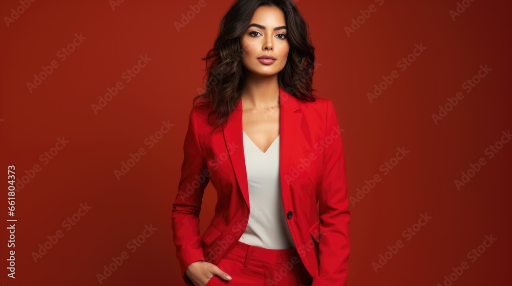 Brunette woman in red fashionable clothes on a red background. Women's beauty and fashion. Brunette woman in red fashionable clothes on a red background. Women's beauty and fashion.