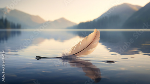 white feather on the surface of the water against the background of the mountains photo