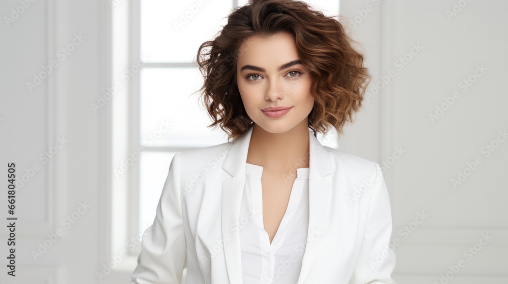 Brunette woman in white fashionable clothes on a white background. Women's beauty and fashion. Brunette woman in white fashionable clothes on a white background. Women's beauty and fashion.