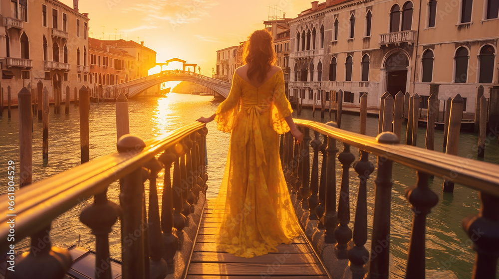 Capture a magic hour shot of a girl in yellow.