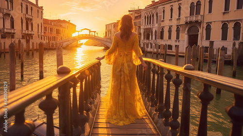 Capture a magic hour shot of a girl in yellow. photo