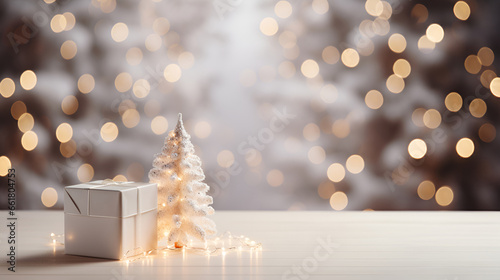 New Year s background of white wooden tabletop with warm living room decor and Christmas tree