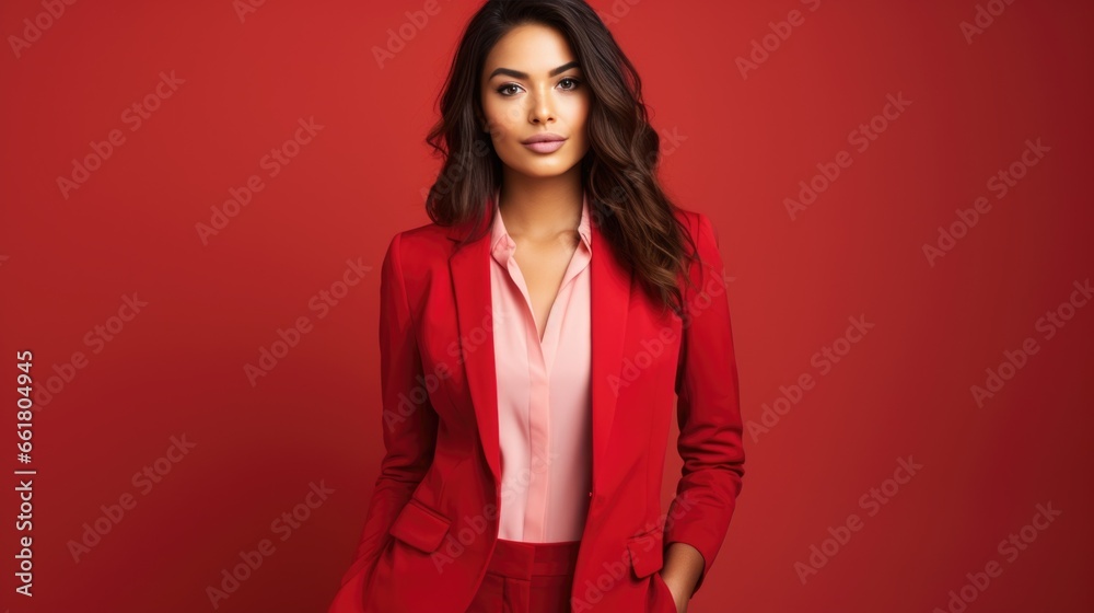 Brunette woman in red fashionable clothes on a red background. Women's beauty and fashion. Brunette woman in red fashionable clothes on a red background. Women's beauty and fashion.