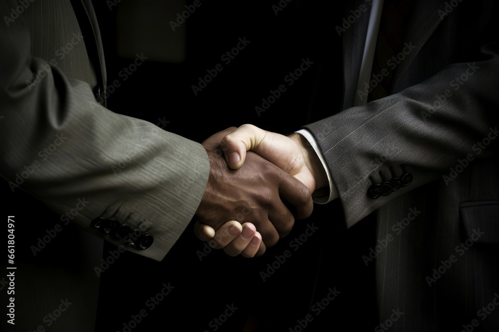 Two businessman engaging greeting gesture. Corporative partnership agreement business handshake. Generate ai