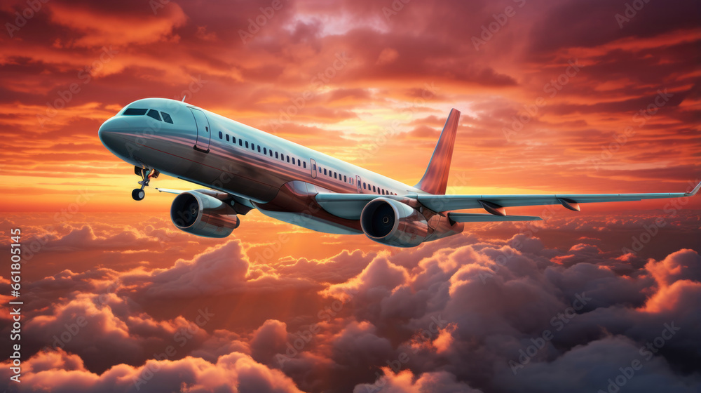 Aircraft Soaring Above Dramatic Sunset Clouds. Сoncept Cityscape At Night, Vibrant Street Art, Serene Beach Landscapes, Majestic Mountain Peaks