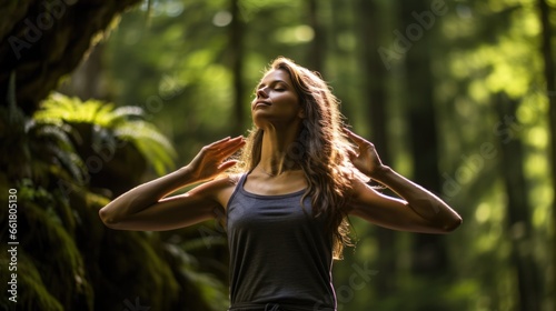 Advanced Physiotherapy Techniques Aid In Rehabilitation Woman Exercises Gracefully Amidst The Lush Forest. Сoncept Forest Therapy, Rehabilitation Techniques, Graceful Exercises