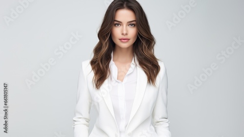 Brunette woman in white fashionable clothes on a white background. Women's beauty and fashion.