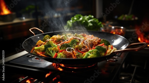 Asianstyle Cooking Produces Steaming Mixed Vegetables In A Wok. Сoncept Vegetarian Curry, Spicy Noodles, Dim Sum Delights, Sushi Making, Thai Street Food photo