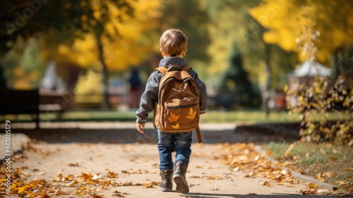 Back To School As A Little Boy Sets Off With A Backpack. Сoncept First Day Of School, Excitement And Nervousness, New Adventures, Backpack Essentials