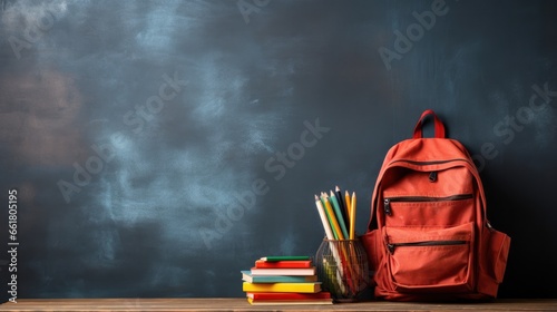 Backpack, Books, Chalkboard The Essence Of Back To School. Сoncept Autumn Leaves, Cozy Sweaters, Spiced Lattes, Pumpkin Patches, Harvest Festivals photo