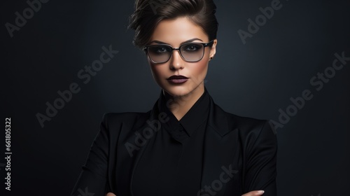 Brunette woman in black fashionable clothes on a black background. Women's beauty and fashion.