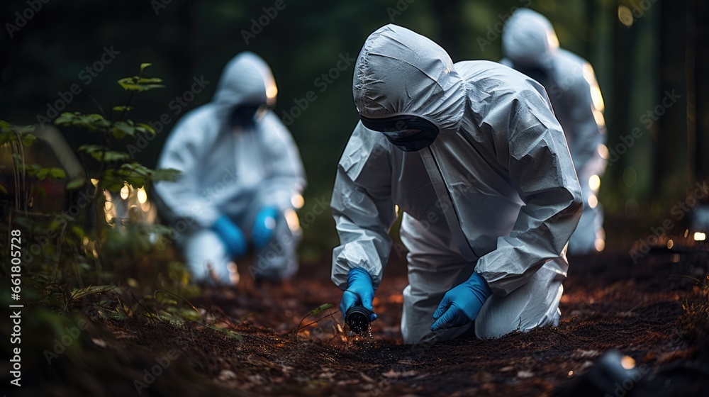 Crime Scene Being Investigated By Law Enforcement And Forensic Experts. Сoncept Crime Scene Investigation, Law Enforcement, Forensic Experts, Evidence Collection, Suspect Analysis - obrazy, fototapety, plakaty 