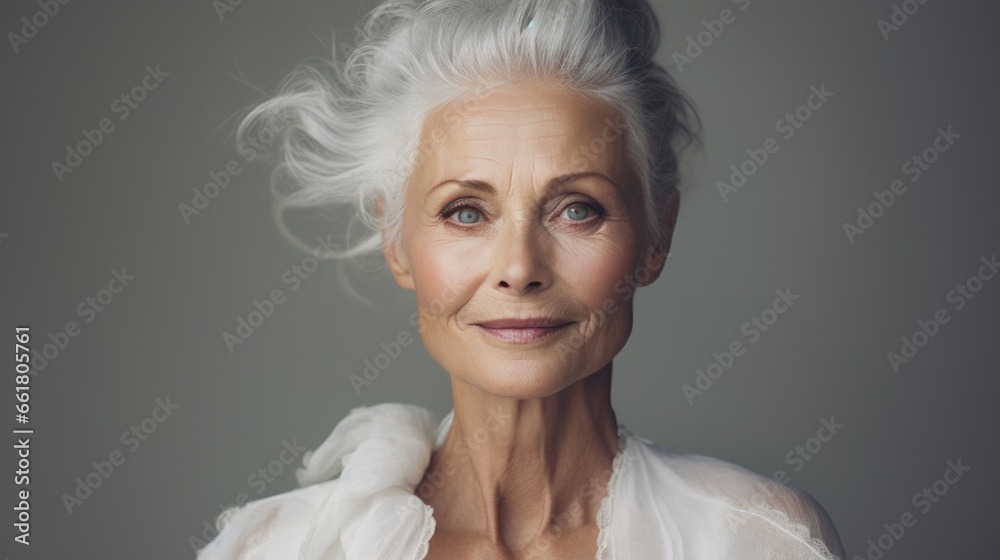 Portrait of an elderly stylish lady. Decent old age and pension. Feminine beauty.