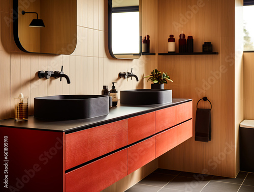 Red ensuite bathroom with wall mounted wooden vanity, black sink and lozenge mirrors. Modern and luxurious decoration