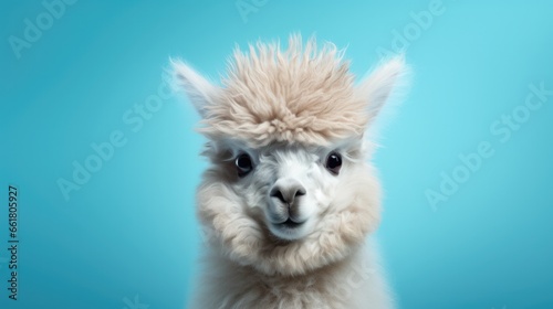 Funny Alpaca On A Blue Background. Сoncept Animal Selfies, Nature Landscapes, Creative Posing, Vibrant Colors