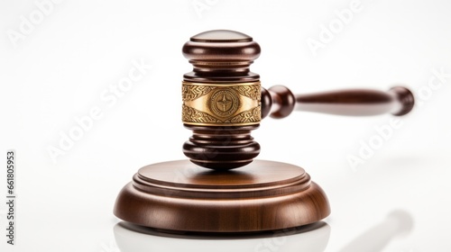 Gavel On White Background. Сoncept Legal Proceedings, Courtroom Decor, Law And Order, Justice Served, Judge's Tools