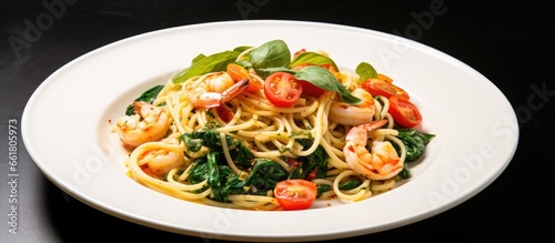 Italian seafood pasta with shrimp tomatoes garlic spinach lemon and it is part of a seafood based diet With copyspace for text