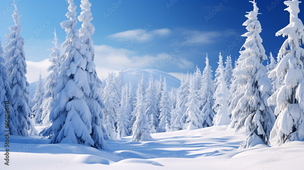 Pine forest in winter cowered with a thick white snow blanket 