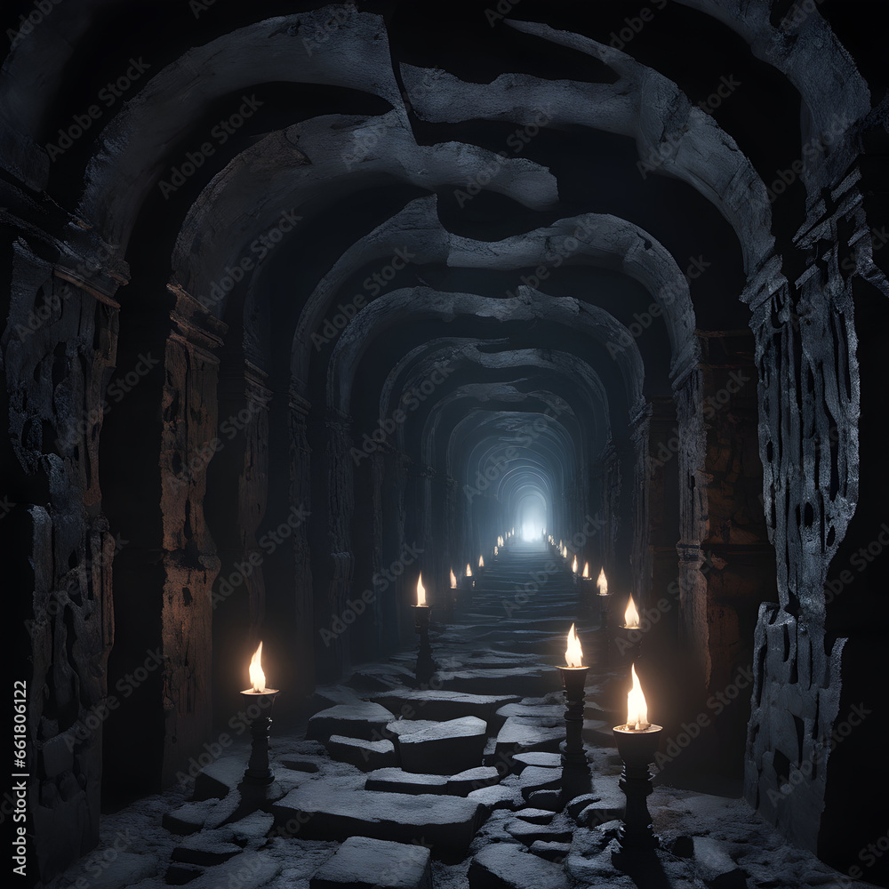 Obraz na plátně Obsidian Catacombs of Unending Darkness, A labyrinthine network, feeble torches