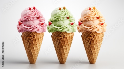 Isolated Set Of Ice Cream Cones With Flavors. Сoncept Vanilla, Chocolate, Strawberry, Mint Chocolate Chip, Cookies And Cream