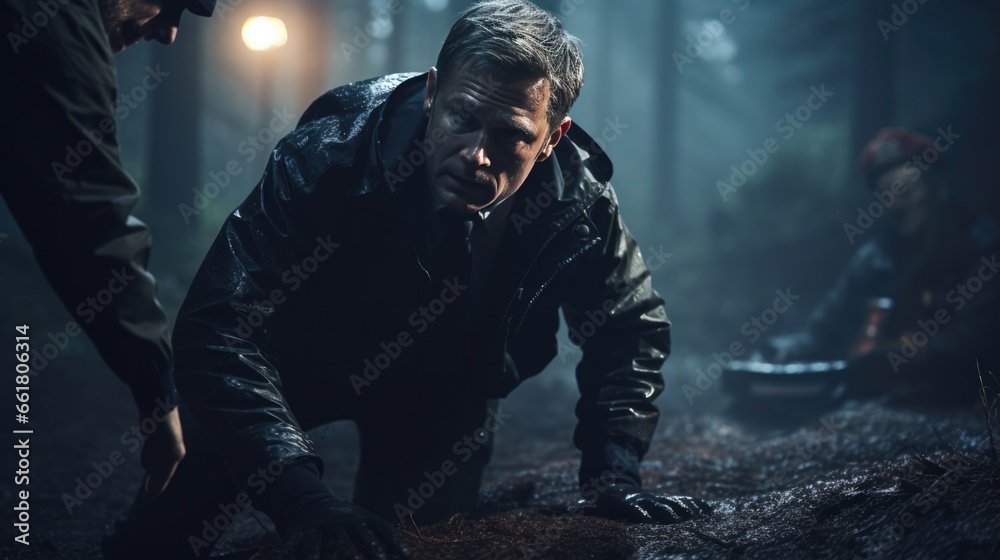 Murderer Drags Victim In Foggy Forest. Сoncept Haunted House