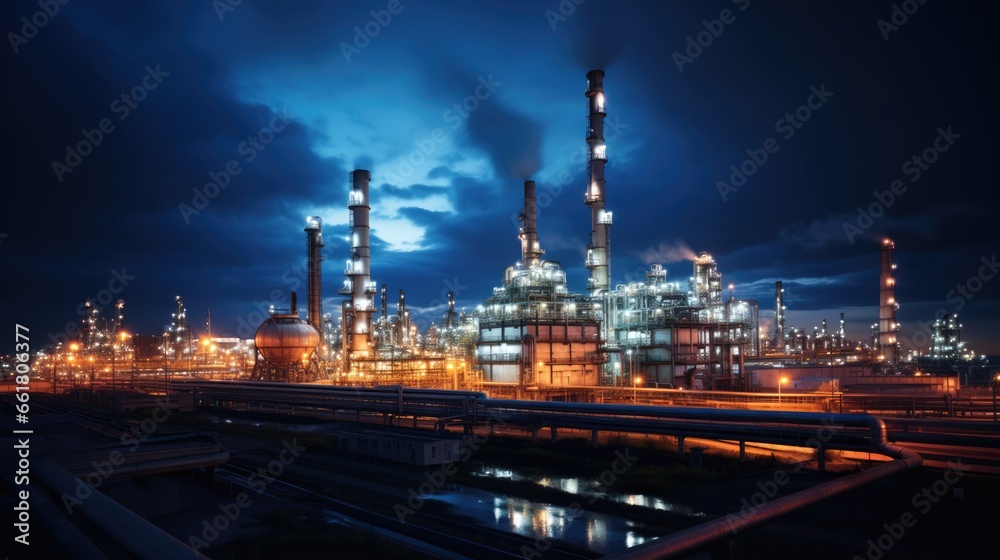 Oil Refinery Industrial Plant Shines Under Night Sky. Сoncept Nighttime Industrial Landscape, Oil Refinery Illuminated, Urban Industrial Beauty