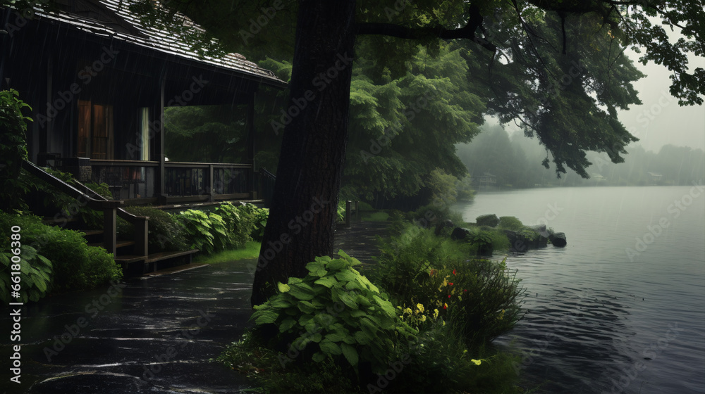 Fototapeta premium The lake house was enveloped in a dark and cloudy setting whilst rain fell down.