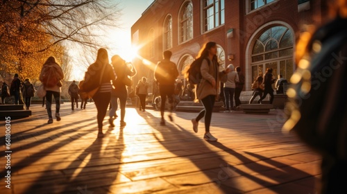 Motion Blur Of Students Walking To Class On Campus. Сoncept Landscape Photography, Golden Hour Portraits, Urban Architecture, Nature Macro Shots, Abstract Art