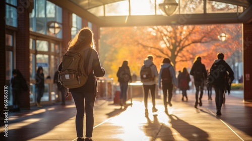 Motion Blur Of Students Walking To Class On Campus. Сoncept Dramatic Movement, Campus Life, Dynamic Energy, Student Rush, Fast-Paced Commute