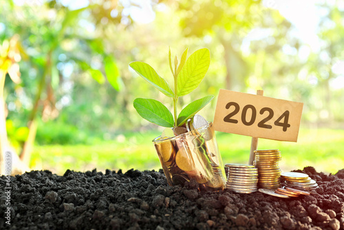 Year 2024 invest and grow money concept. Jar of coins with growing plant at sunrise.