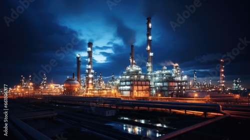 Oil Refinery Industrial Plant Shines Under Night Sky. Сoncept Nighttime Industrial Landscape, Oil Refinery Illuminated, Urban Industrial Beauty