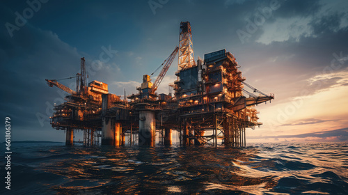 Oil Rig Stands Tall And Strong In The Open Ocean. Сoncept Oil Platform Technology, Offshore Drilling Operations, Deepwater Exploration, Impact Of Oil Rigs On Marine Ecosystems photo