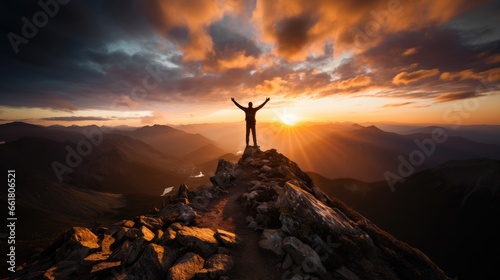 Silhouette Of Man Conquers Mountain At Sunset. Сoncept Adventure Photography, Nature's Triumph, Epic Sunsets, Powerful Silhouettes, Mountain Explorations photo