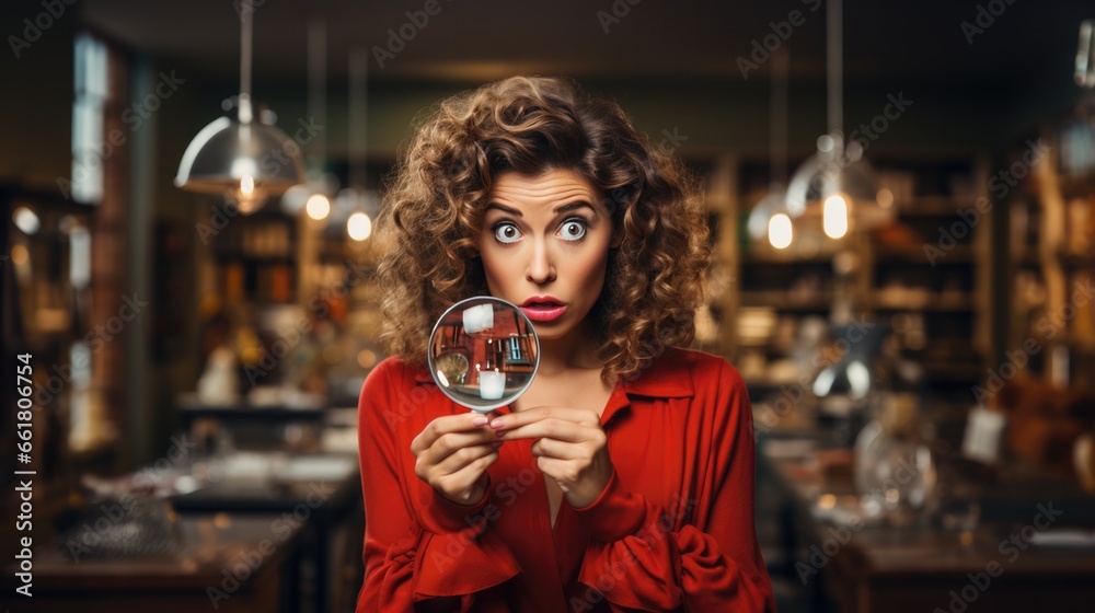 Woman Curious And Examining Things With Magnifying Glass. Сoncept Curiosity, Magnifying Glass, Examination, Observation, Discovering - obrazy, fototapety, plakaty 