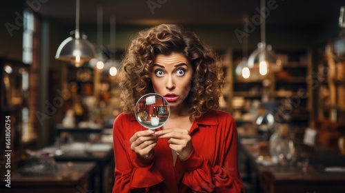 Woman Curious And Examining Things With Magnifying Glass. Сoncept Curiosity, Magnifying Glass, Examination, Observation, Discovering