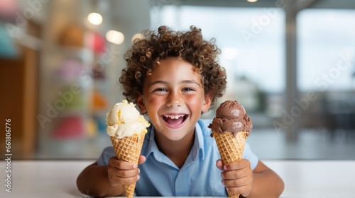 Young Boy Enjoying Ice Cream In The Summer Edible Ice Cream Cone With Different Flavors On White Background.   oncept Summer Treats  Ice Cream Delight  Colorful Confections  Sunny Sweetness