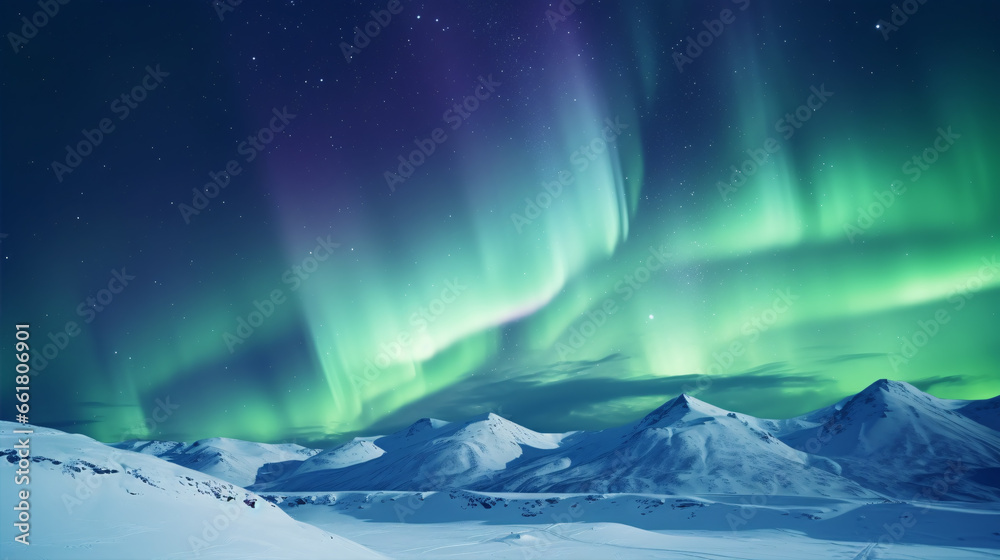 A fantastical winter landscape of star-studded mountains lit up by the ethereal Aurora borealis.