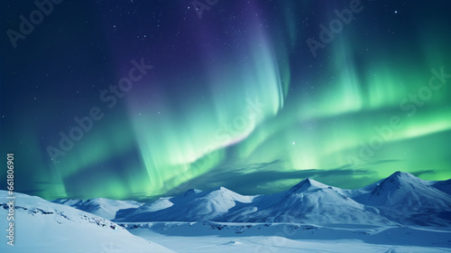 A fantastical winter landscape of star-studded mountains lit up by the ethereal Aurora borealis.