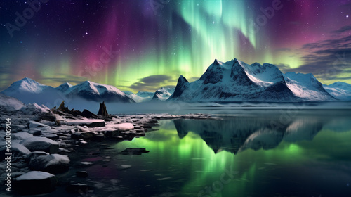 The glimmering Aurora borealis illuminated the snowy peaks, reflecting on the still waters at night.