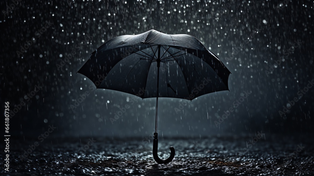 Rain droplets cascading from a dark umbrella, symbolizing inclement weather, wintertime, and shelter. - obrazy, fototapety, plakaty 