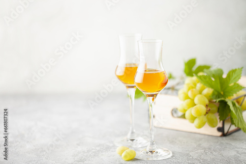 Gold grappa in grappas wineglasses and fresh grapes on the gray background. Alcohol concept