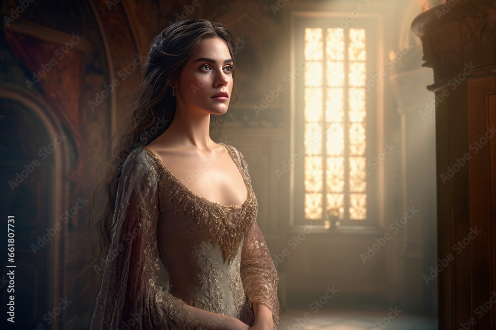 Woman wearing lace velvet dress. Medieval young lady with stylish outfit. Generate ai Woman wearing lace velvet dress. Medieval young lady with stylish outfit. Generate ai
