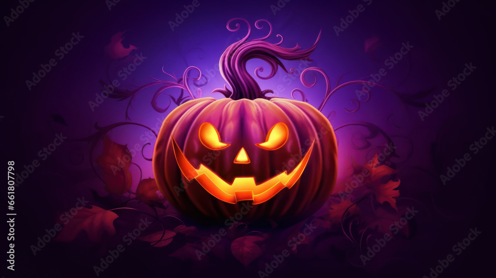 Illustration of a Halloween pumpkin in violet tones.
