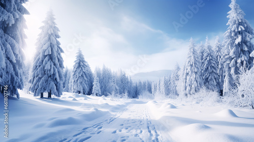 A picturesque winter forest lined with a snowy road.