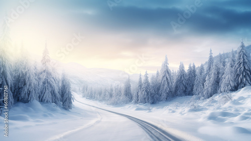 A peaceful, white blanketed forest-scaped highway in the chill of winter. © ckybe