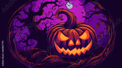 Illustration of a Halloween pumpkin in purple tones.