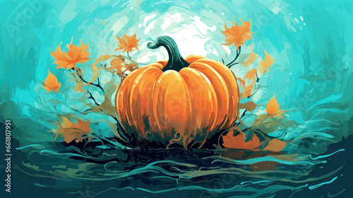 Illustration of a Halloween pumpkin in aqua tones.